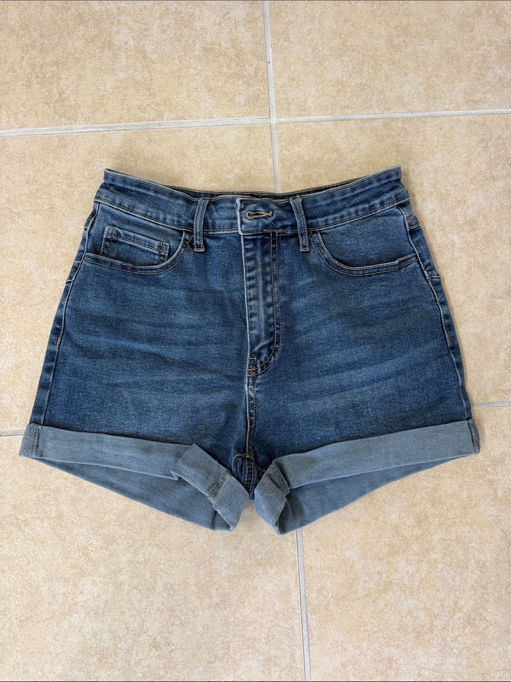 Fashion Nova High-Rise Rolled Hem Denim Shorts in Dark Blue